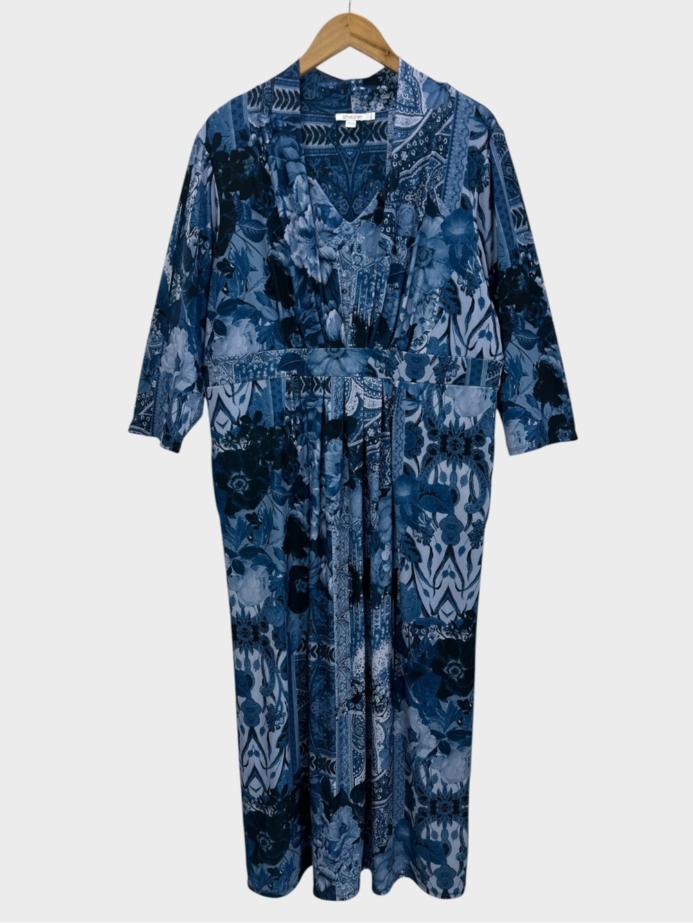 Chico's Floral Paisley Patchwork Stretch Knit Maxi Dress Blue Resort Coastal 16